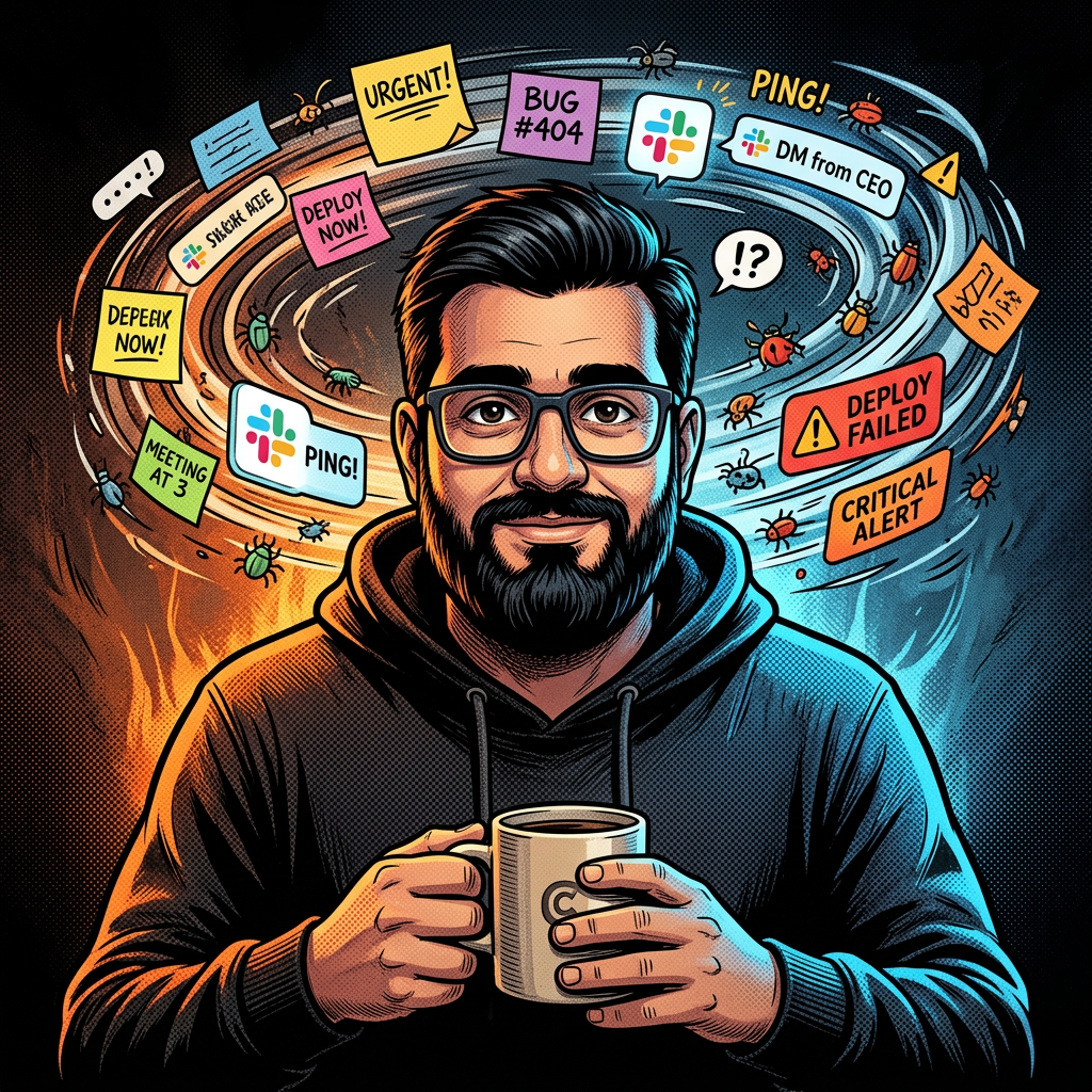 Cartoon portrait of the Accidental CTO calmly sipping coffee while a swirl of sticky notes and deploy notifications spins behind him.